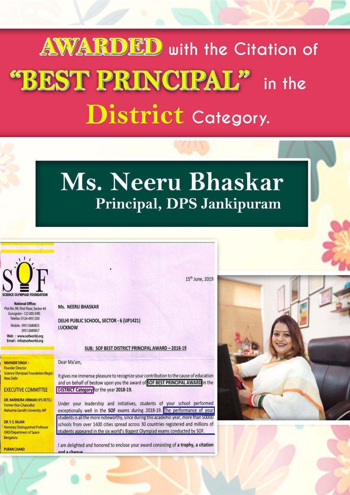 SOF Best Principal Award - District Catagory
